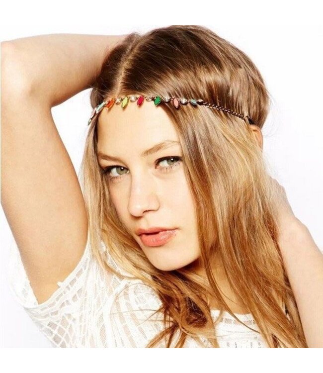 Haarketting goudkleurig met strass multicolor