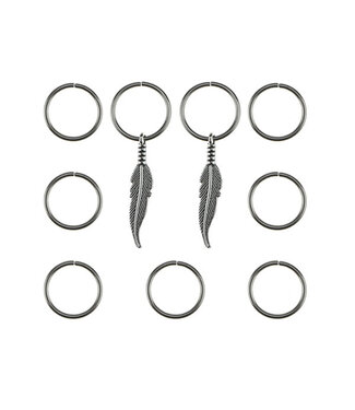 Goudhaartje Hair rings 9 stuks met 2 bedels veer zilverkleurig