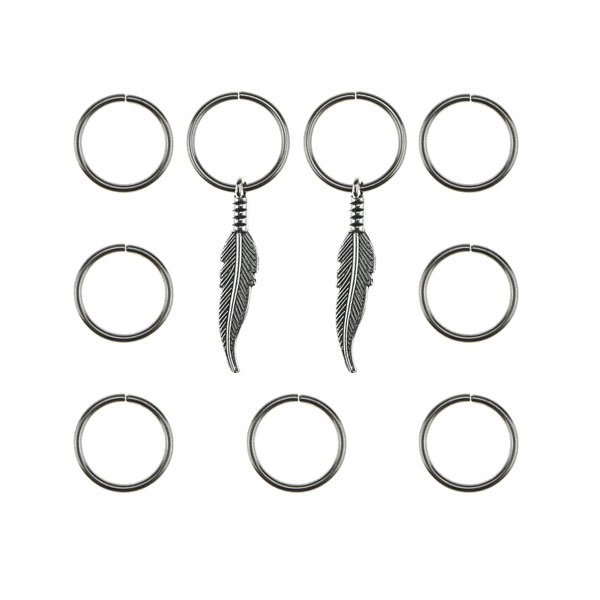 Hair rings 9 stuks met 2 bedels veer zilverkleurig