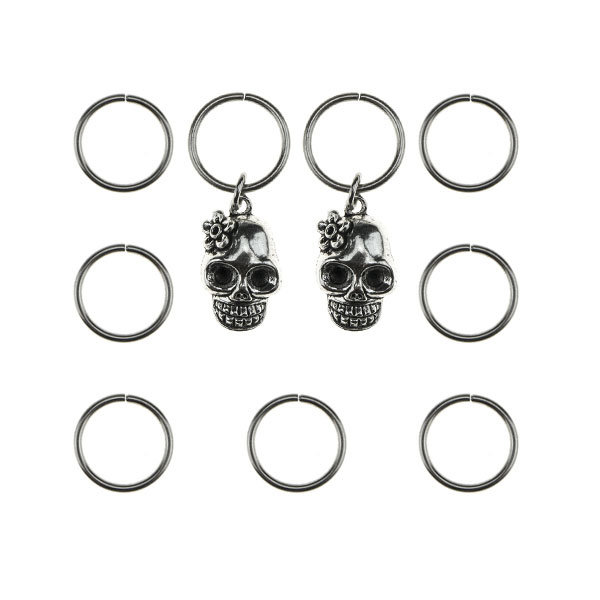 Hair rings 9 stuks met 2 bedels skull zilverkleurig