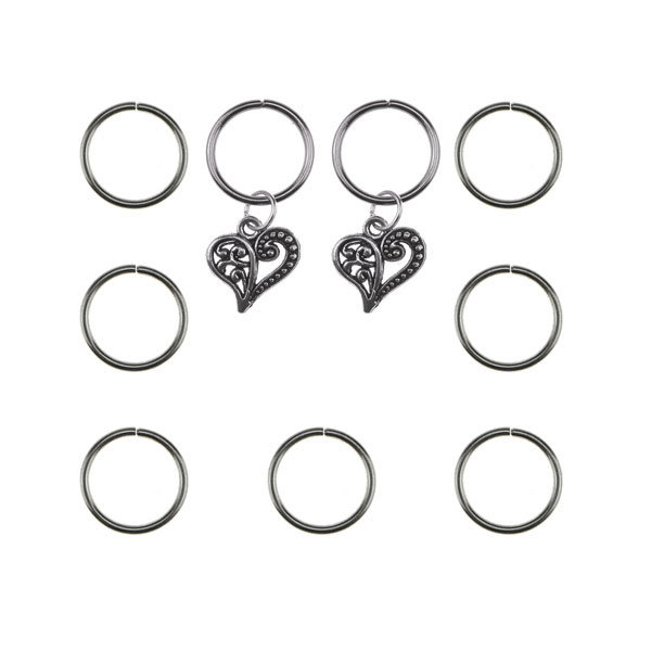 Hair rings 9 stuks met 2 bedels hart zilverkleurig