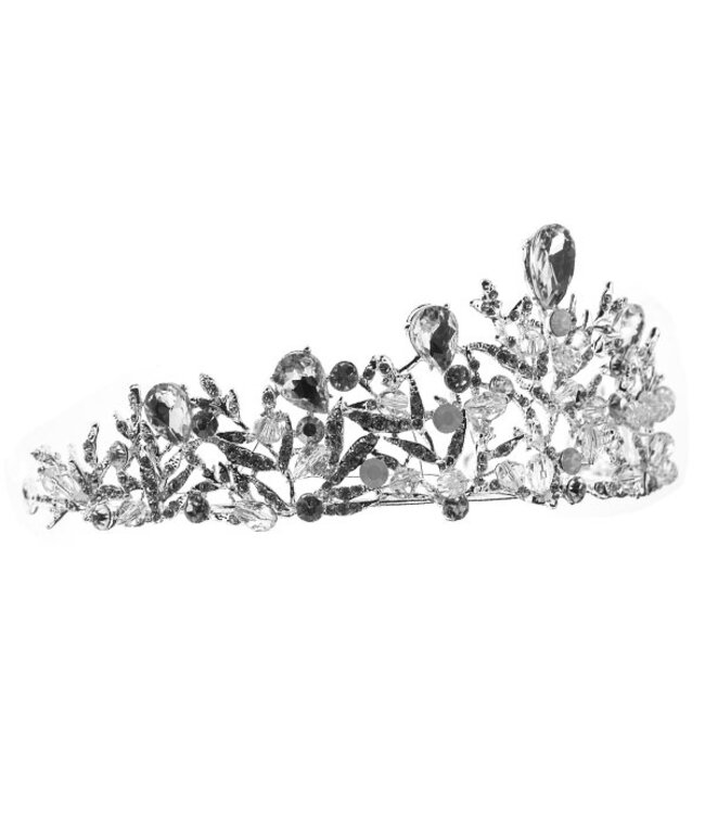 Tiara zilverkleurig takjes steentjes en facetstenen