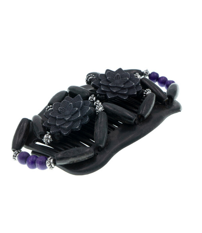 Ez comb houten kralen bloem paars zwart