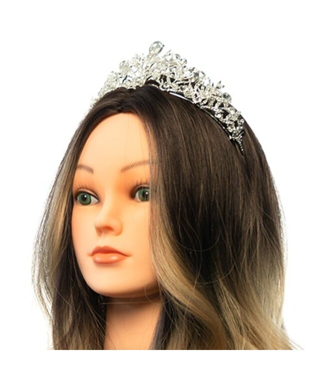 Tiara zilverkleurig takjes steentjes en facetstenen