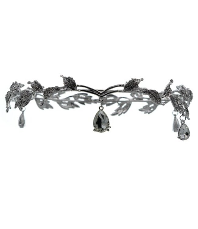 Tiara zilverkleurig bladeren en stenen
