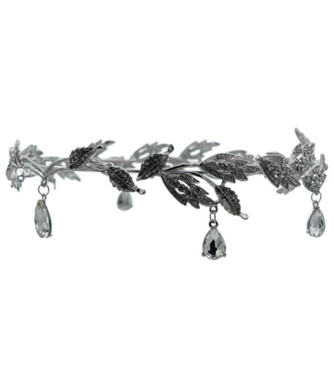 Tiara zilverkleurig bladeren en stenen