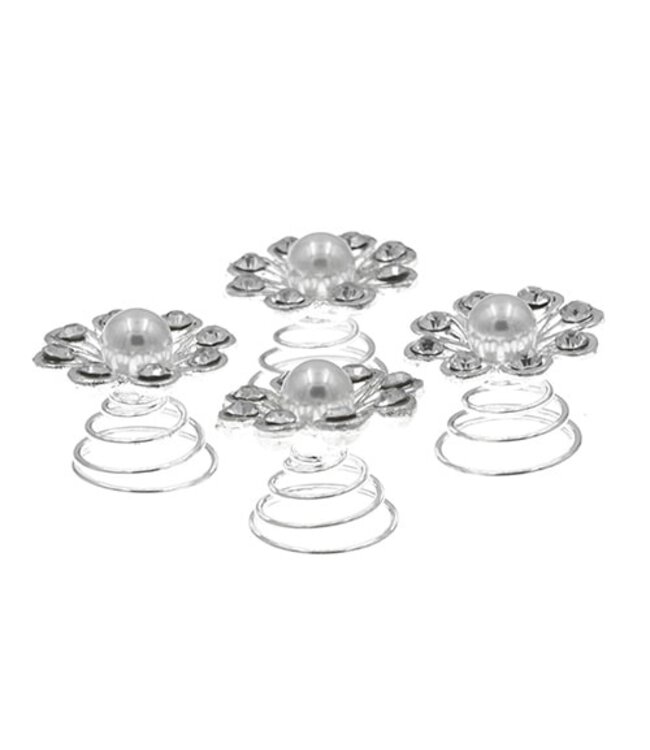 Curlies zilverkleurig bloem met parel 4 stuks