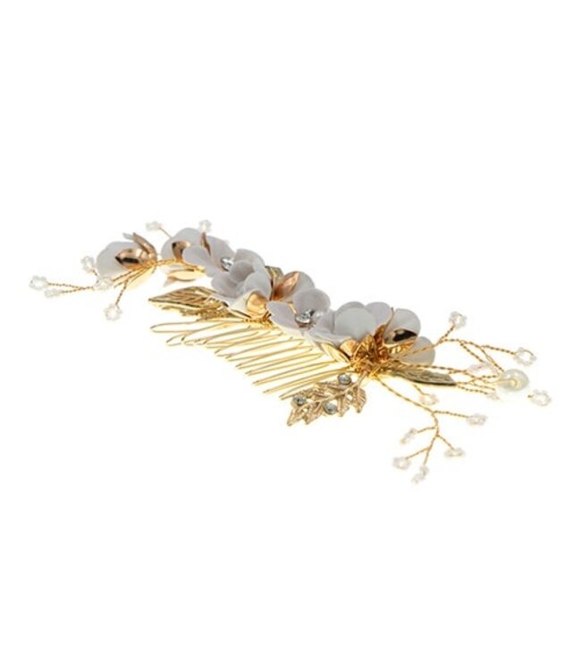 Haarkam goudkleurig bloemen wit