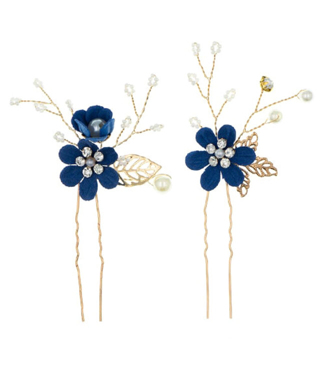 Haarpinnen goudkleurig bloemen blauw 2 stuks