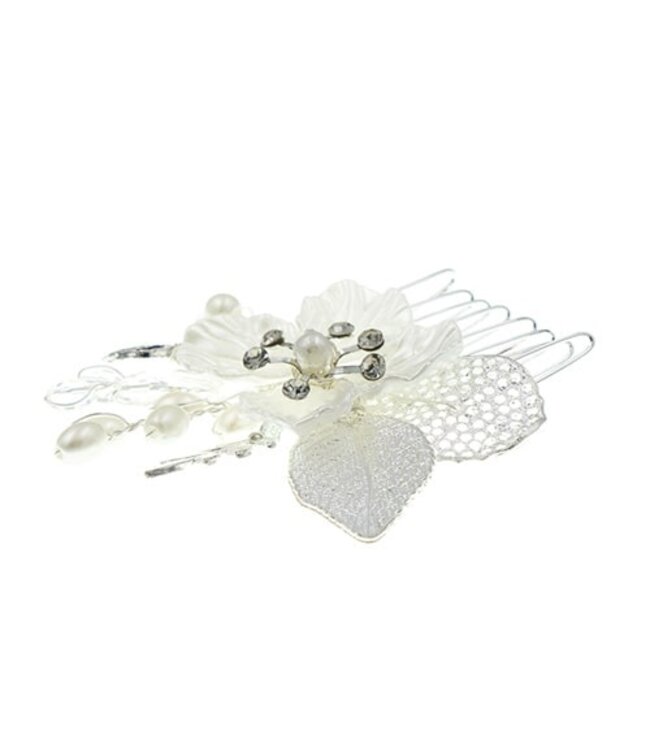 Haarkam zilverkleurig parelbloem