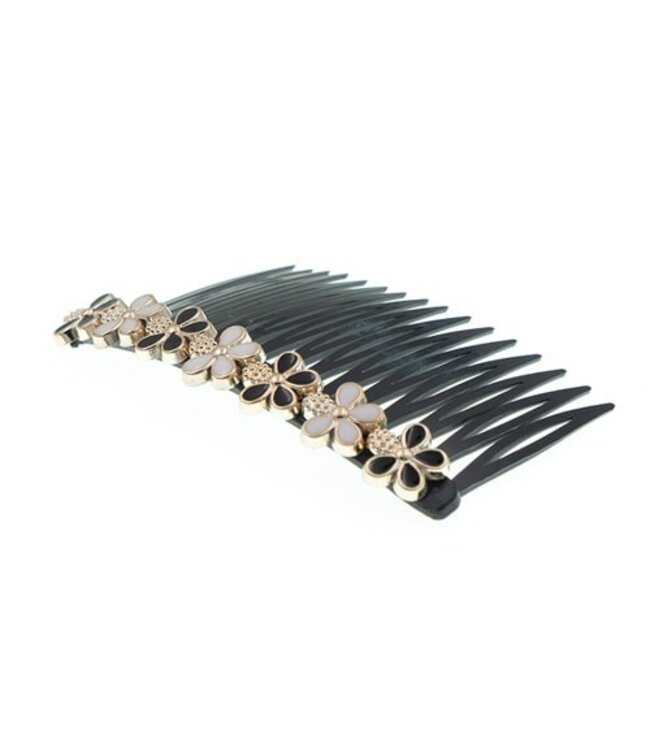 Haarkam bloemen zwart wit