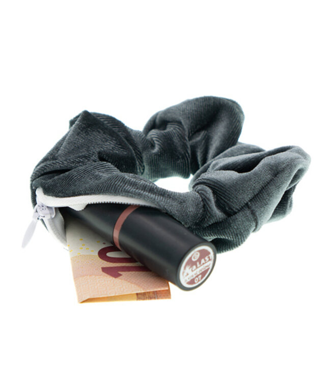 Scrunchie met opbergvakje velvet grijs