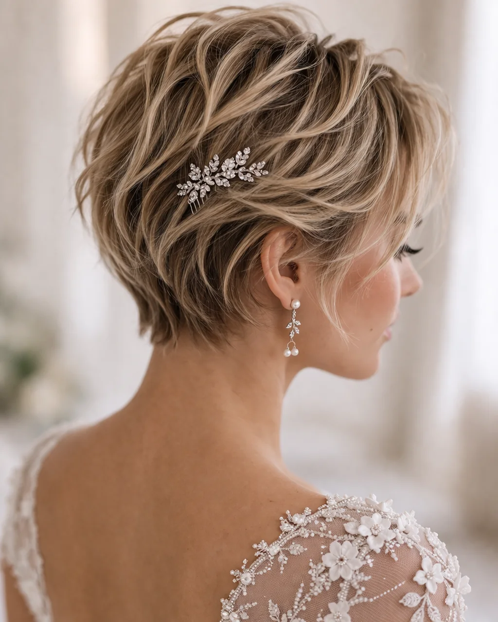 Bruidskapsel kort blond met haarkam