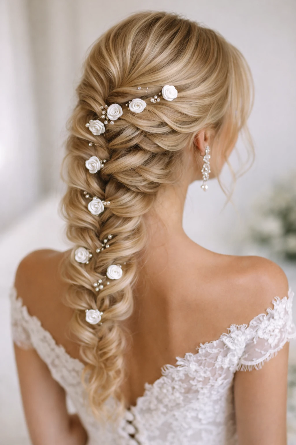 Bruidskapsel vlecht met roosjes