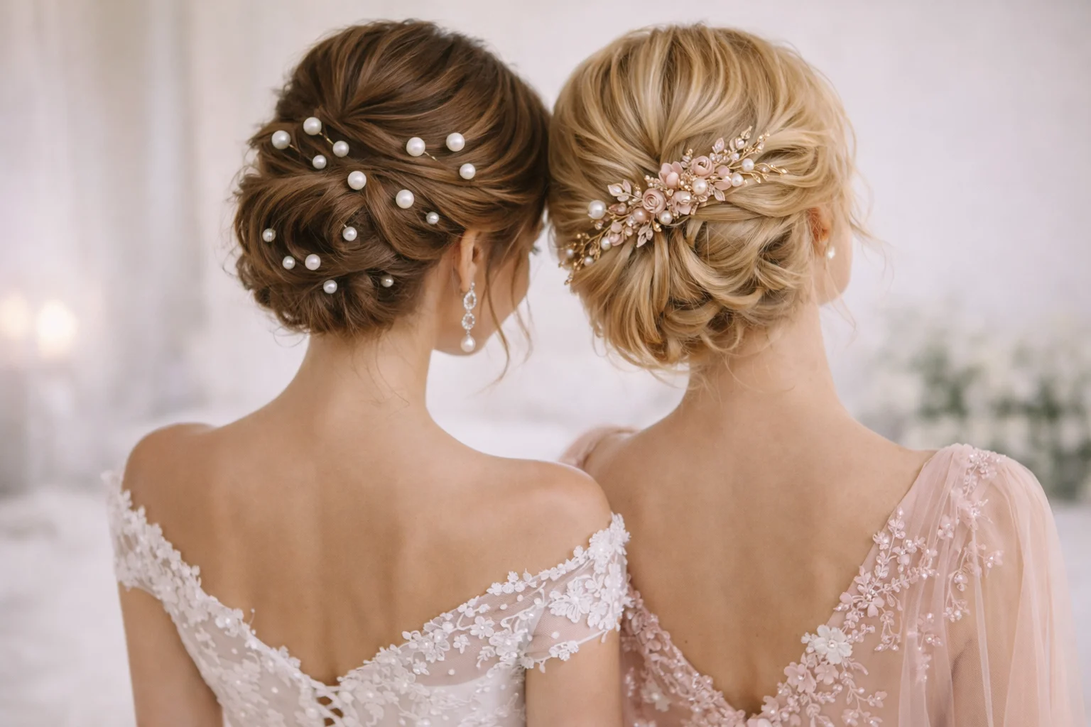 Bruidskapsels opgestoken haar met parels