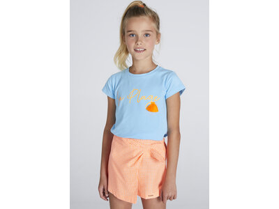 BLUE BAY T-shirt - Blauw met oranje fluo print 'La plage'