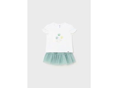 MAYORAL 2-delig setje - Tulle rokje en witte t-shirt met print aqua