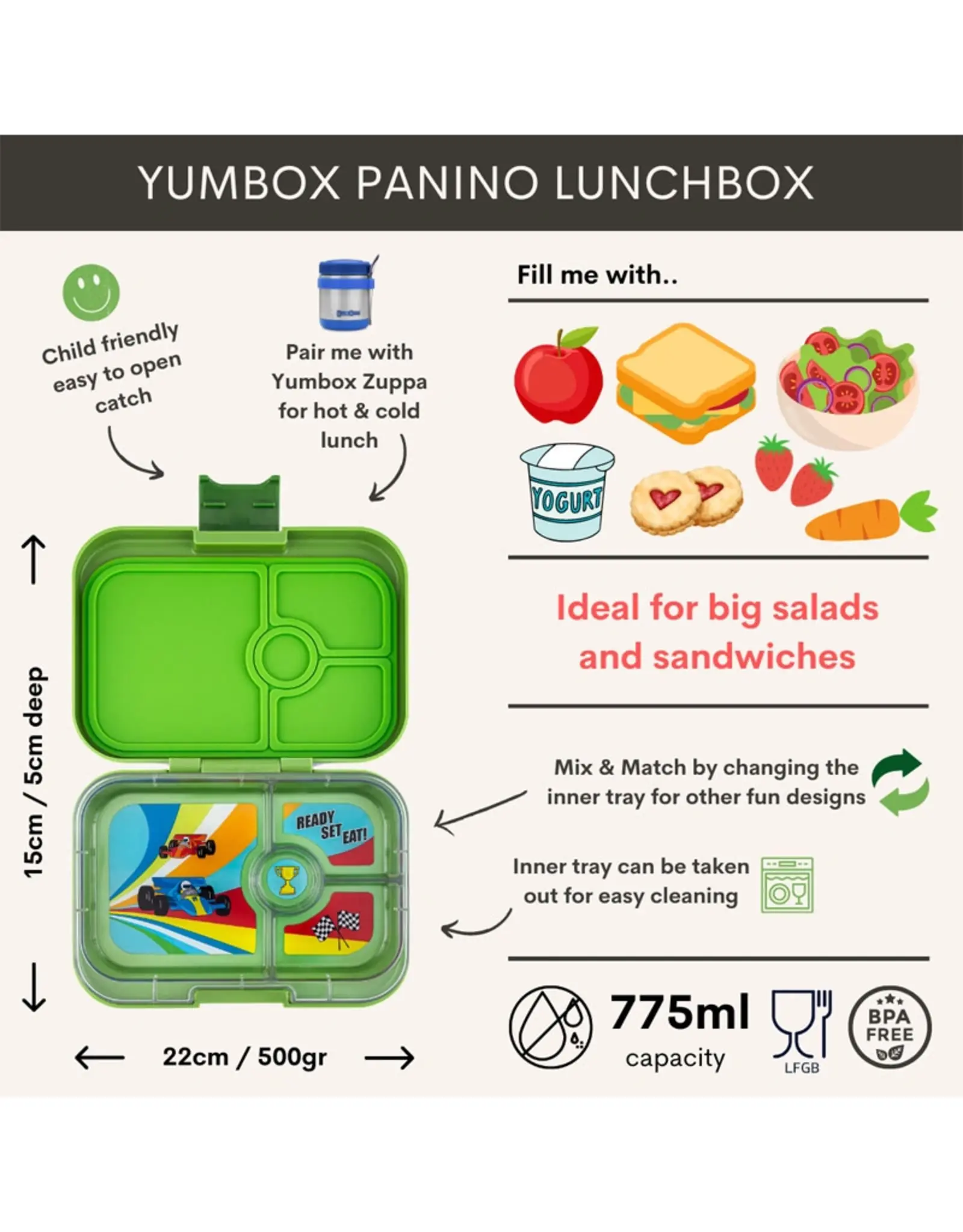 Yumbox Yumbox Panino 4-vakken - Matcha Green (Race Cars)