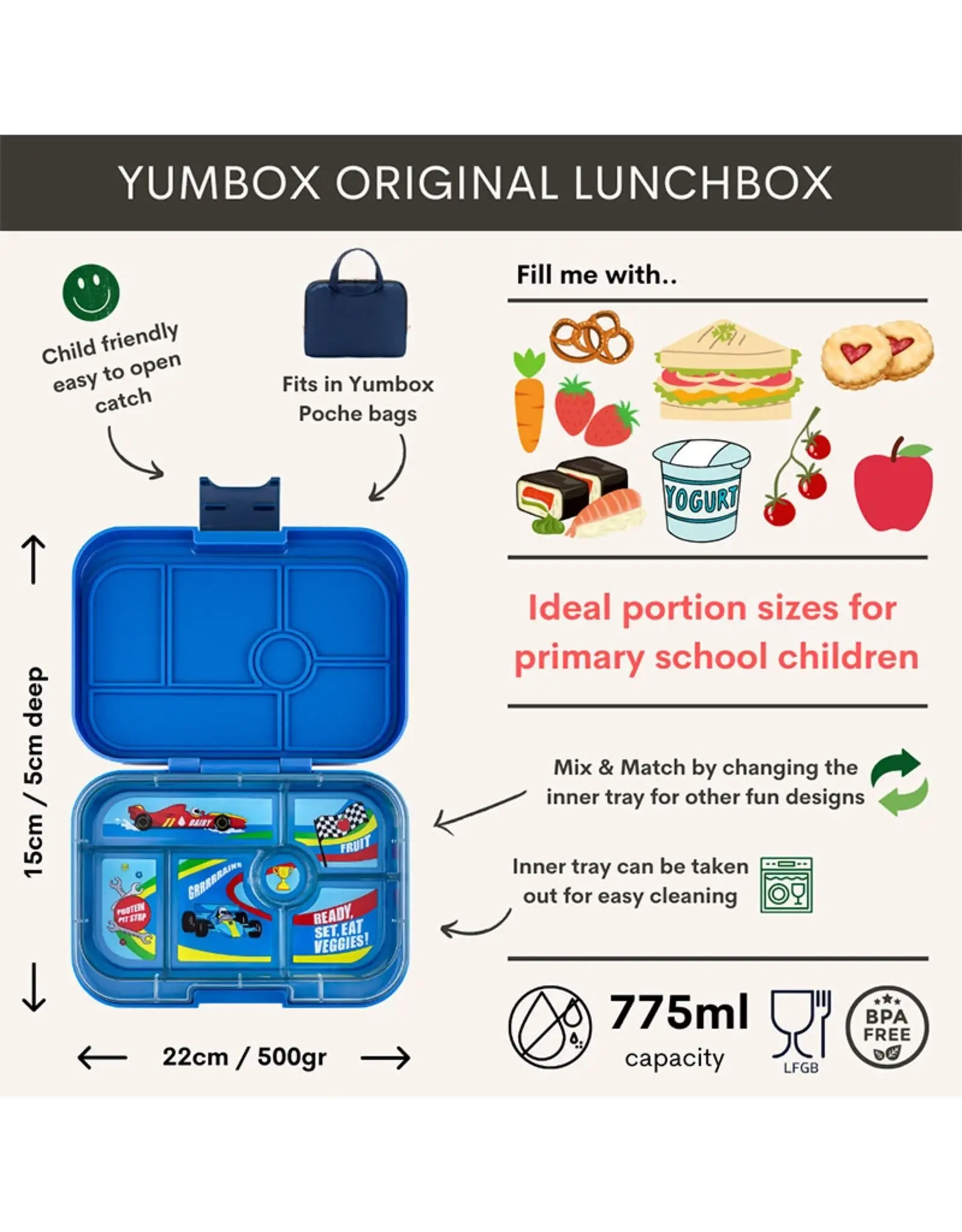 Yumbox Yumbox Original 6-vakken - Surf Blue (Race Cars)