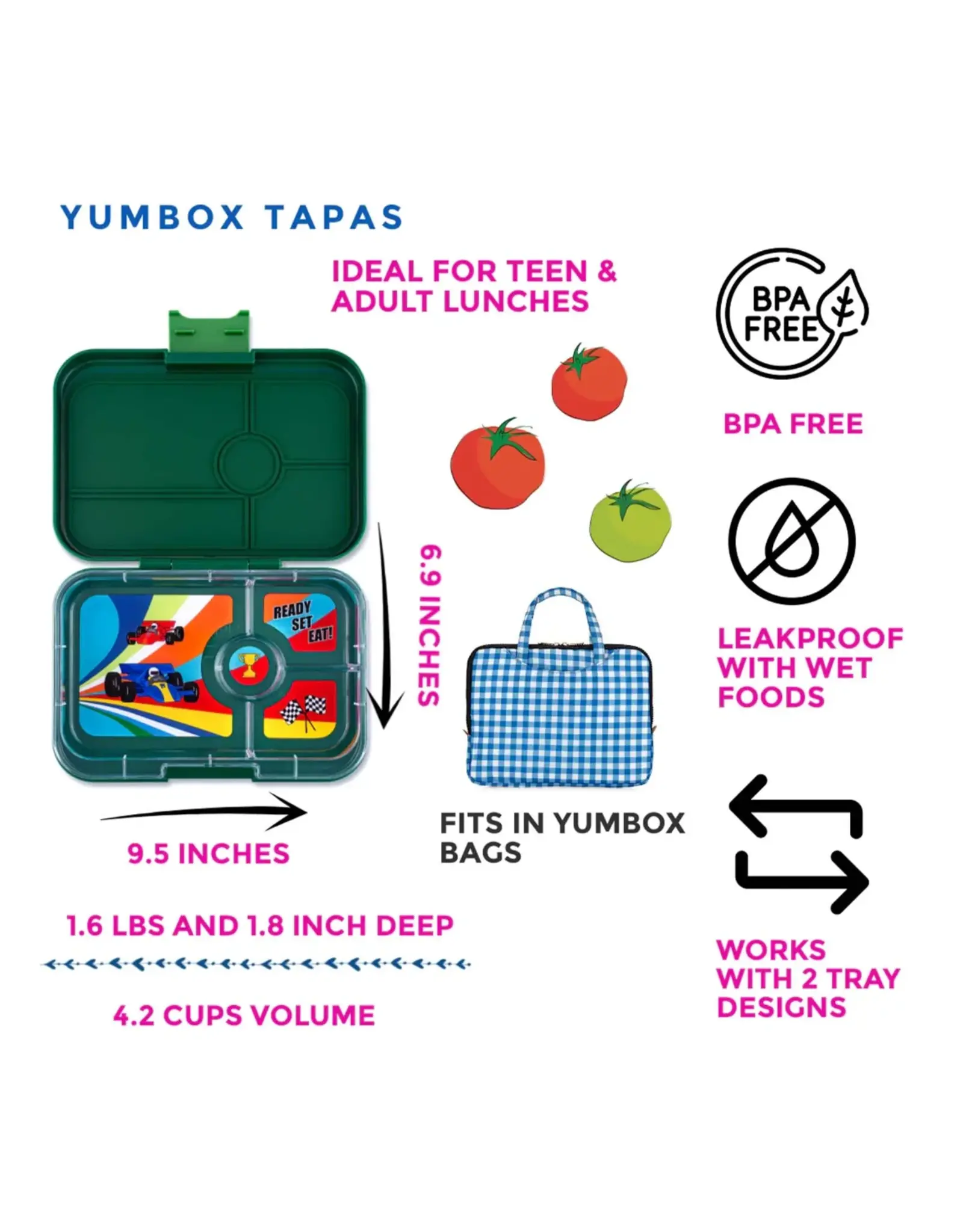 Yumbox Yumbox Tapas XL 4-vakken - Greenwich Green (Race Cars)