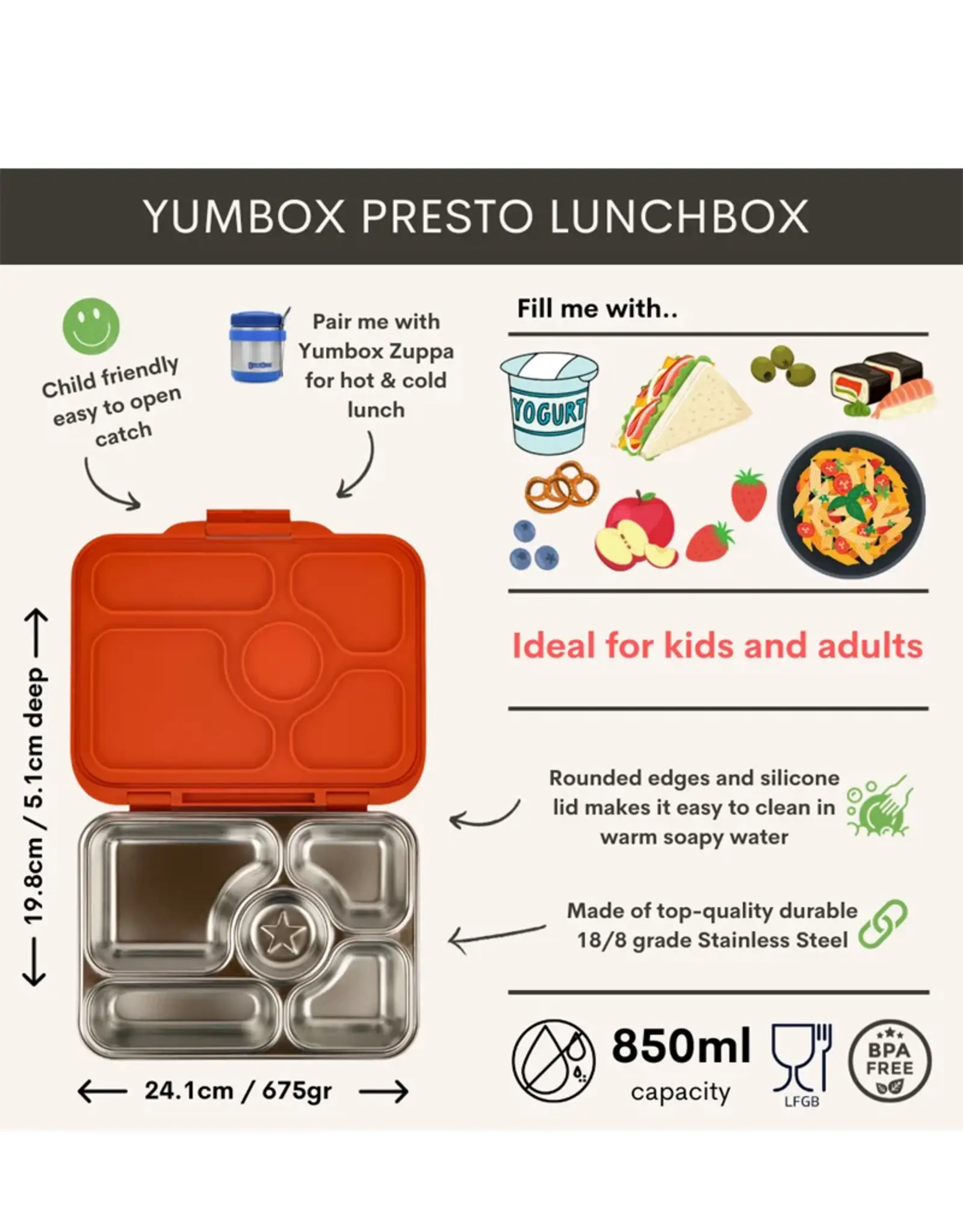 Yumbox Yumbox Presto RVS lekvrije bento box  - Tango Orange