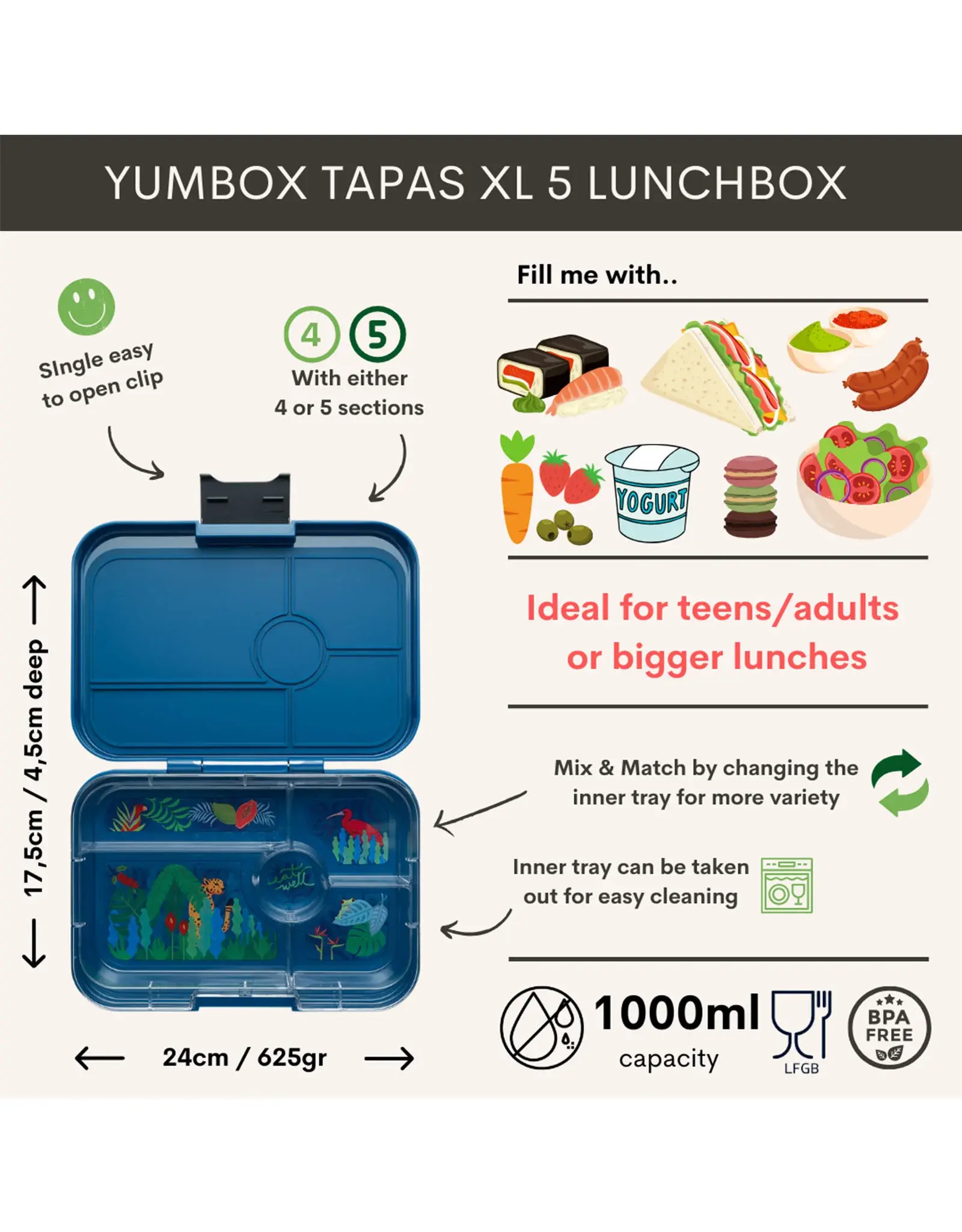 Yumbox Yumbox Tapas XL 5-vakken - Monte Carlo Blue (Jungle)