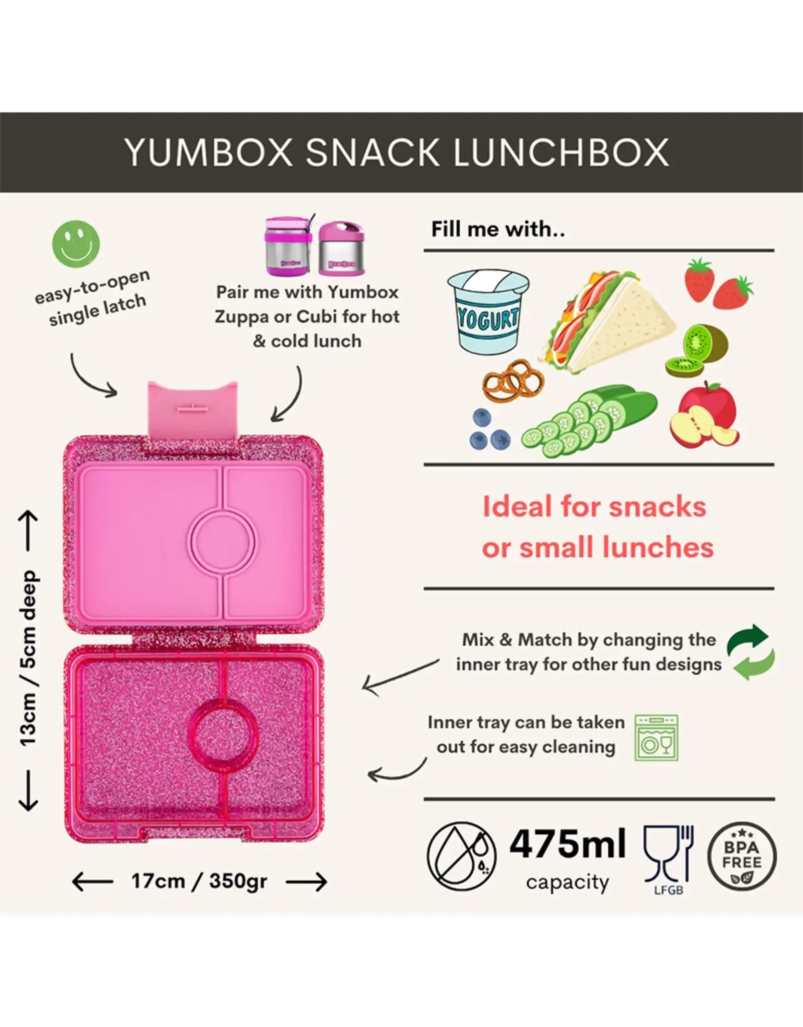 Yumbox Yumbox Snack 3-vakken - Glitter Sparkle Roze (Roze)