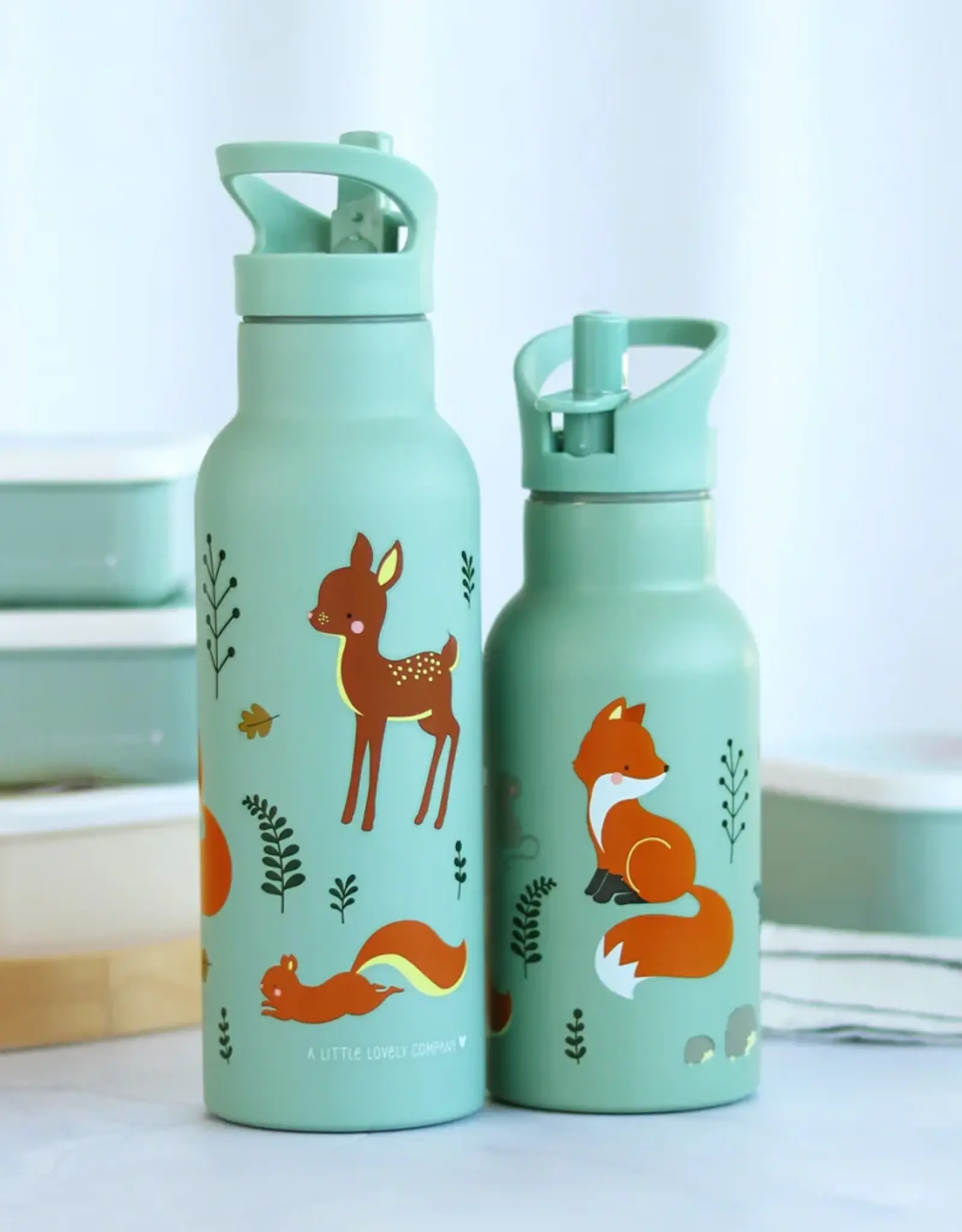 A Little Lovely Company RVS Drinkfles 500 ml - Bosvriendjes Saliegroen