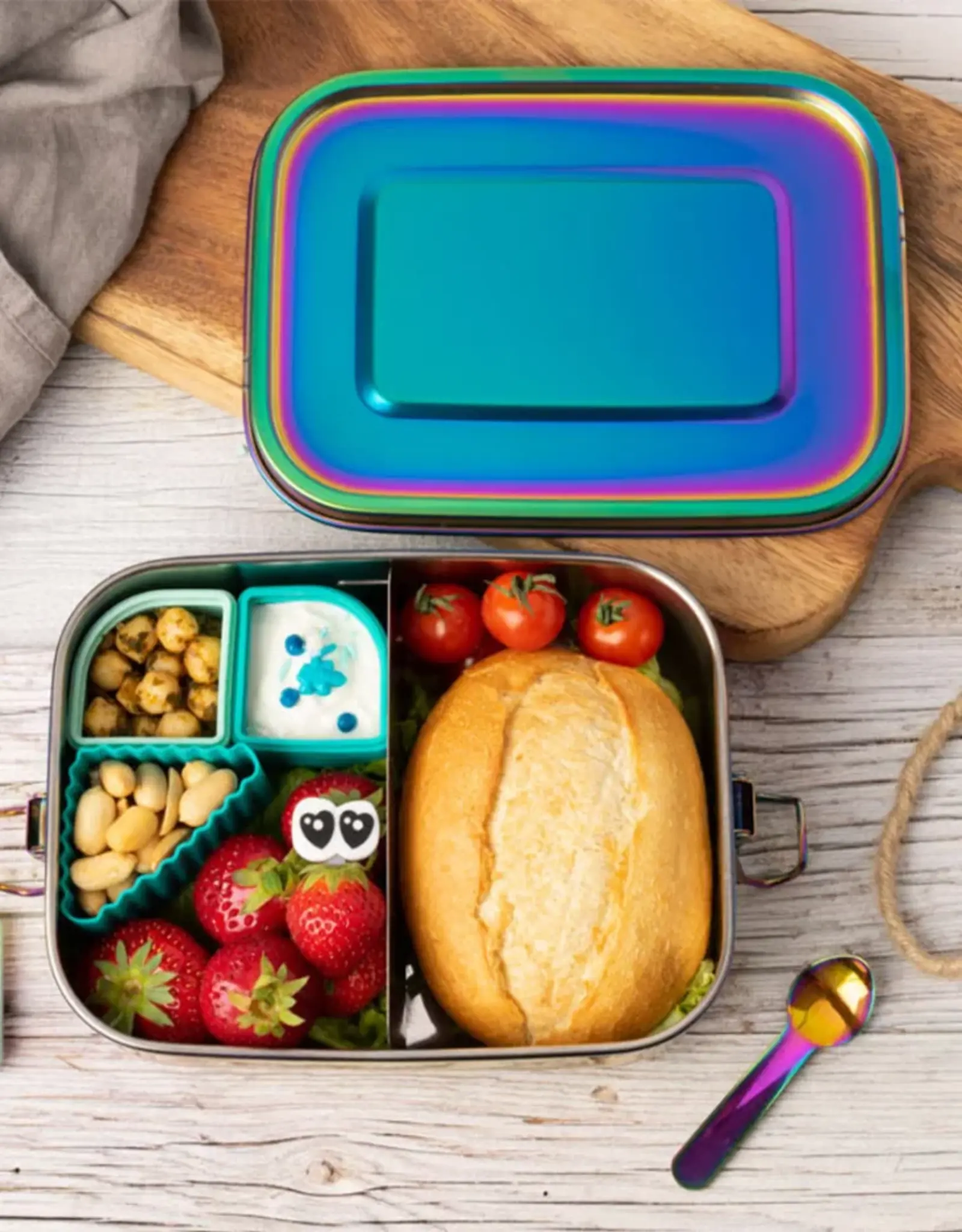LEKKABOX Lekkabox Safe - RVS Bentobox 1000ml met flexibele verdeler - Regenboog