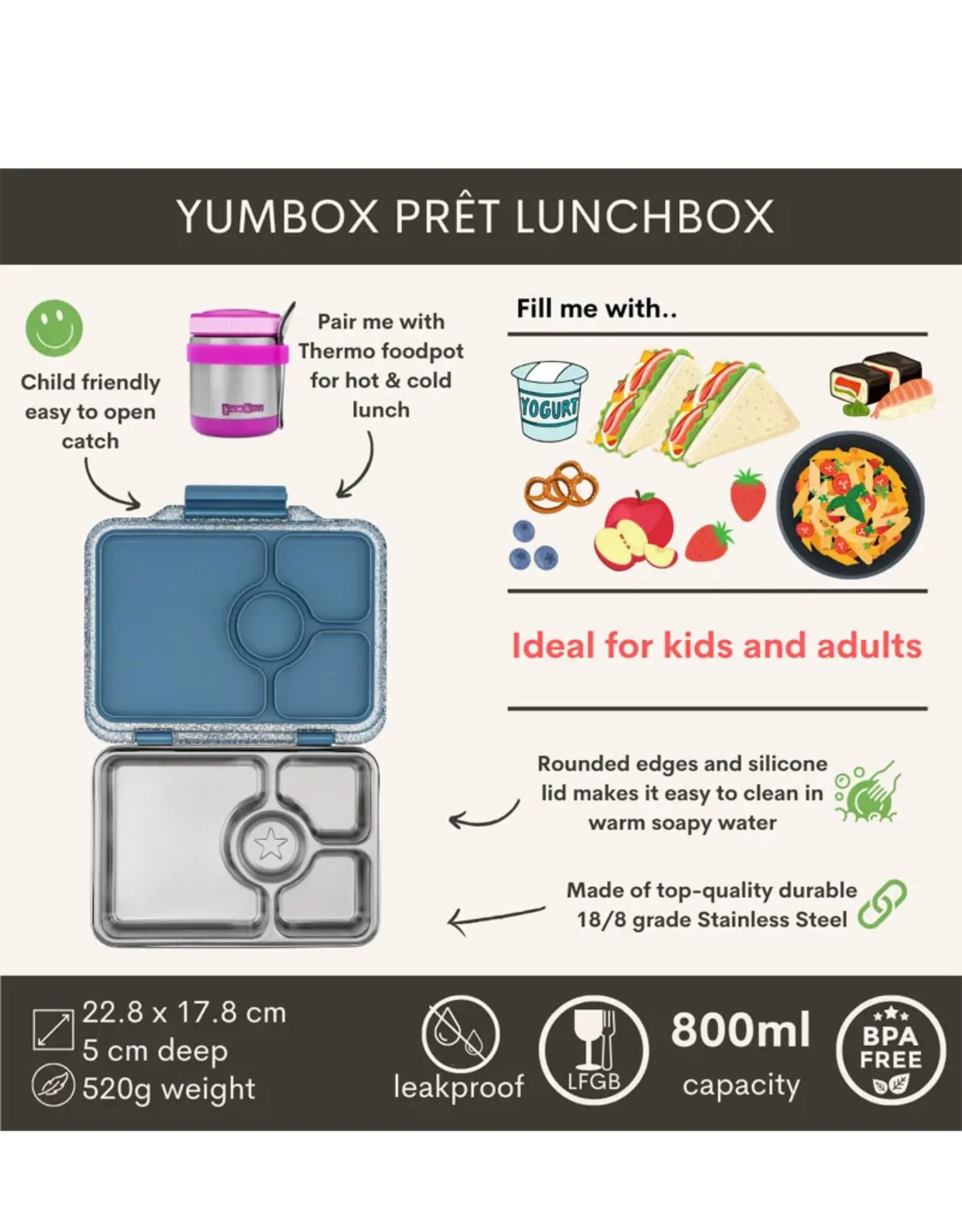 Yumbox Yumbox Prêt RVS 4-vakken - Paris Blauw Glitter