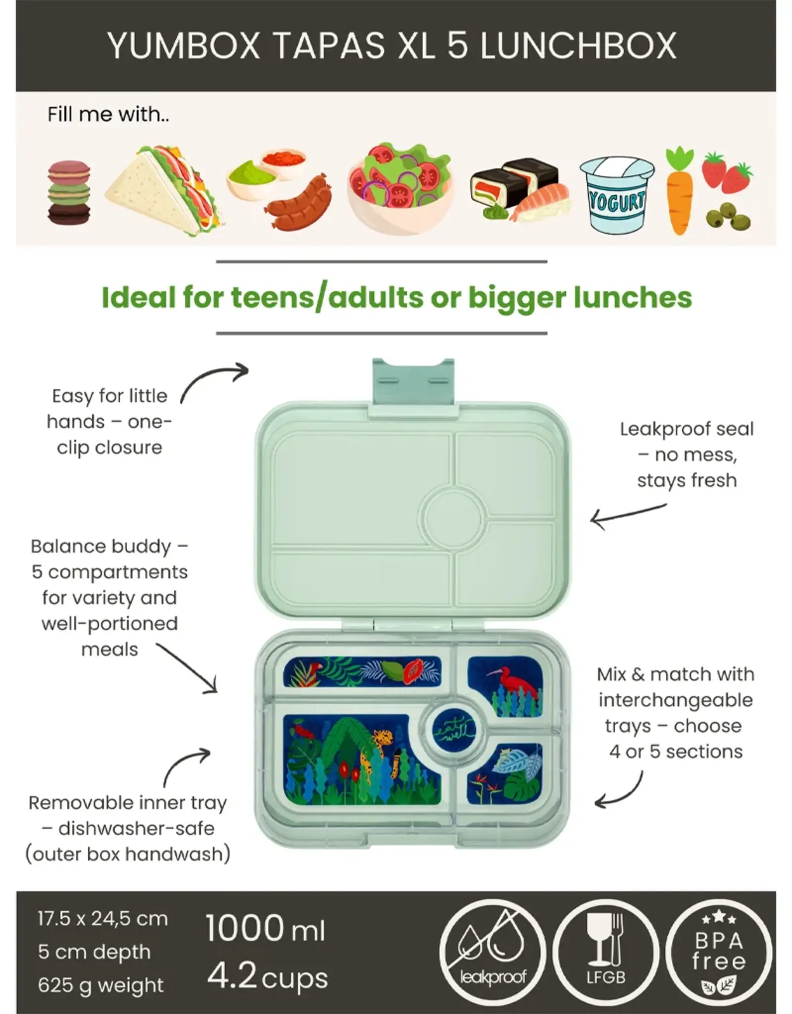 Yumbox Yumbox Tapas XL 5-vakken - Pistacchio Green (Jungle)