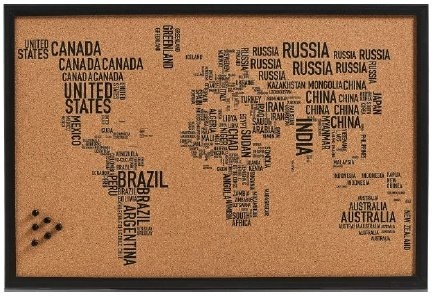 Pinnbare WELTKARTE - Ländernamen LETTERS  - 60 x 40 cm - mit Siebdruck in Schwarz