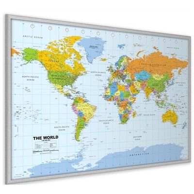 Pinnwand Weltkarte - Silberrahmen - 90 x 60 cm