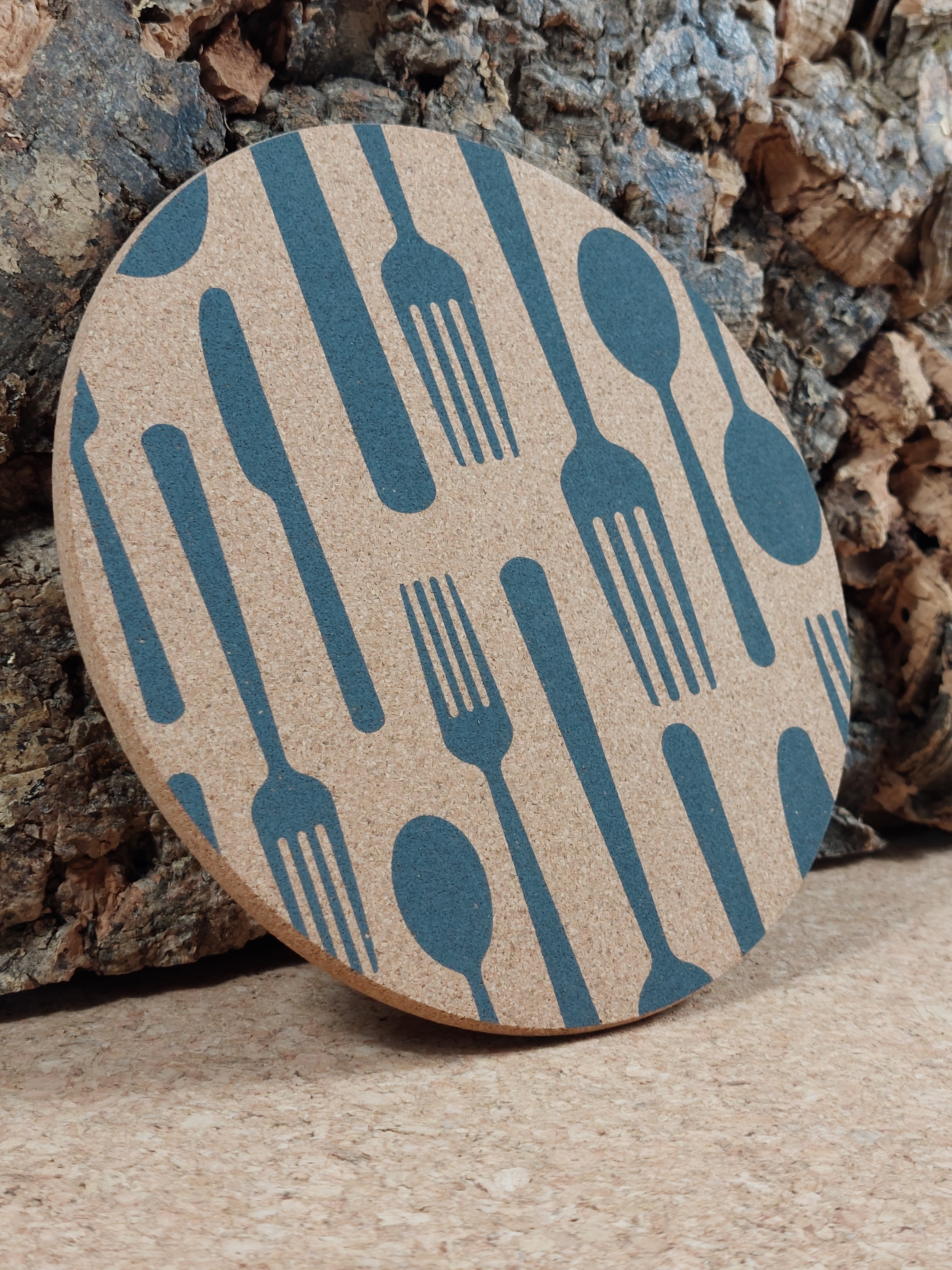 Korkuntersetzer - Besteck - Grauer Druck