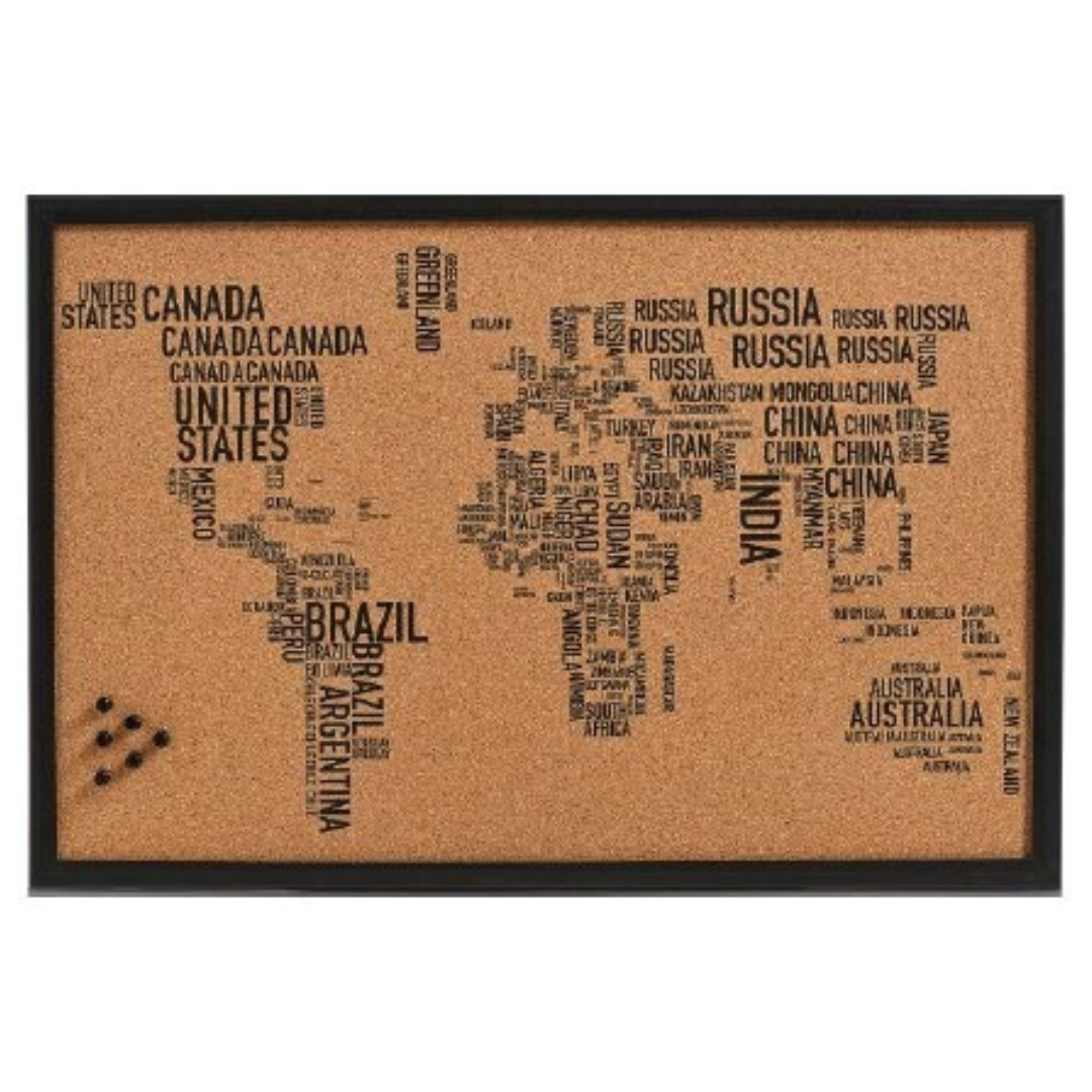 Pinnbare WELTKARTE - Ländernamen LETTERS  - 60 x 40 cm - mit Siebdruck in Schwarz