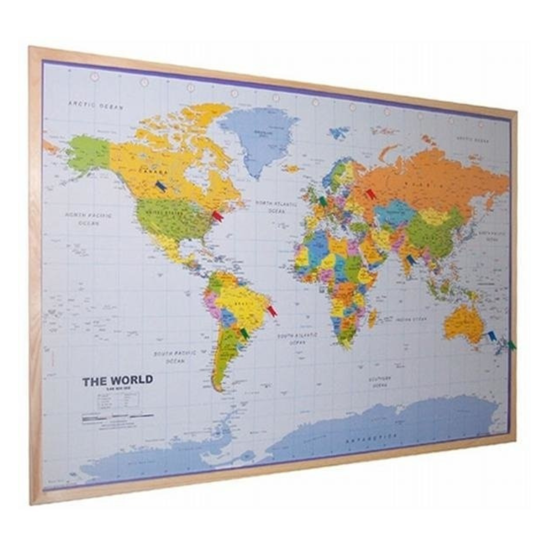 Korkpinnwand Weltkarte - Holzrahmen - 60 x 90 cm