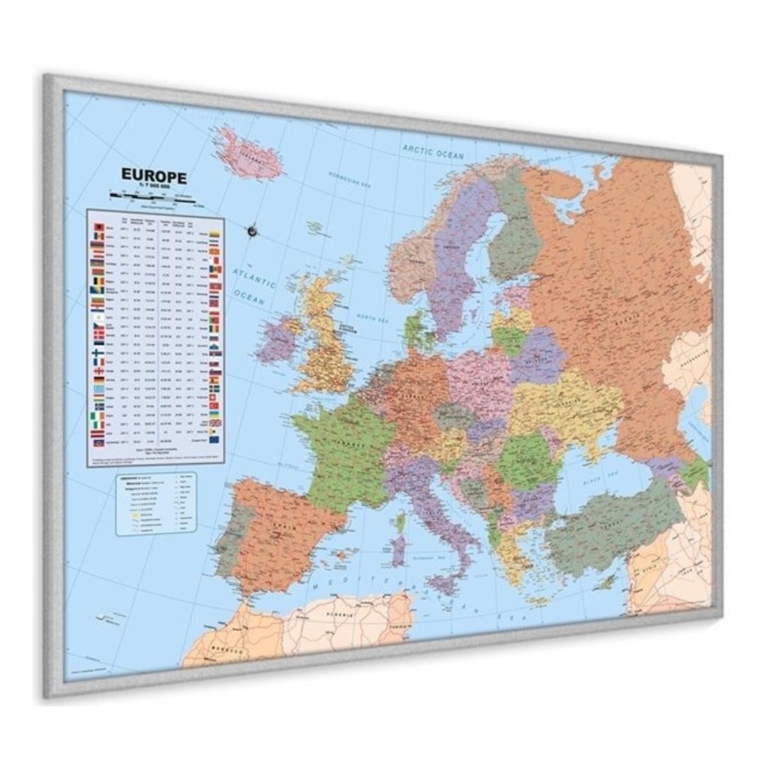 Korkpinnwand  Europa karte - Silberrahmen - 60 x 90 cm