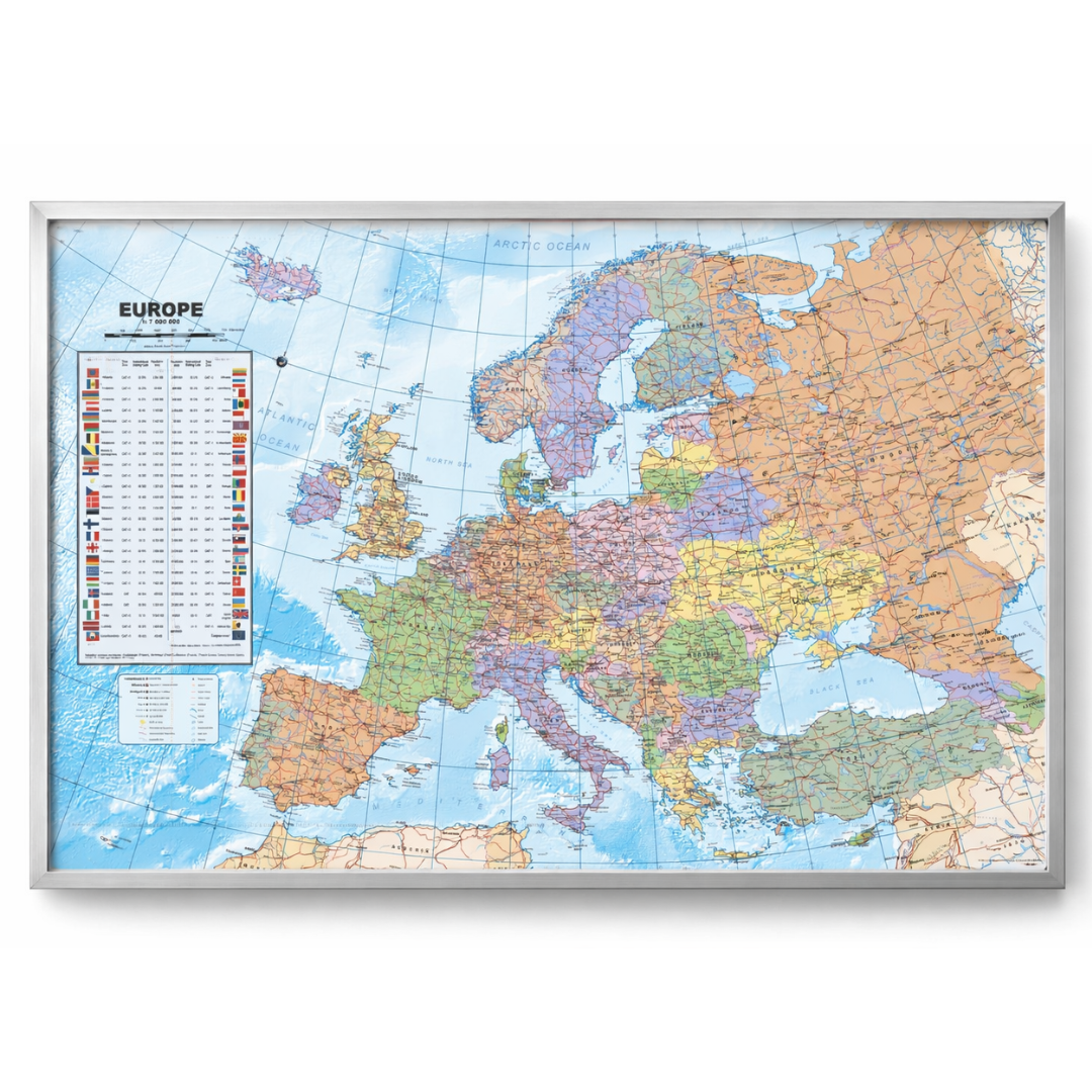 Korkpinnwand  Europa karte - Silberrahmen - 60 x 90 cm