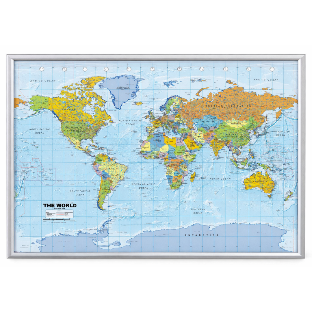 Weltkarte pinnwand - Silberrahmen - 90 x 60 cm
