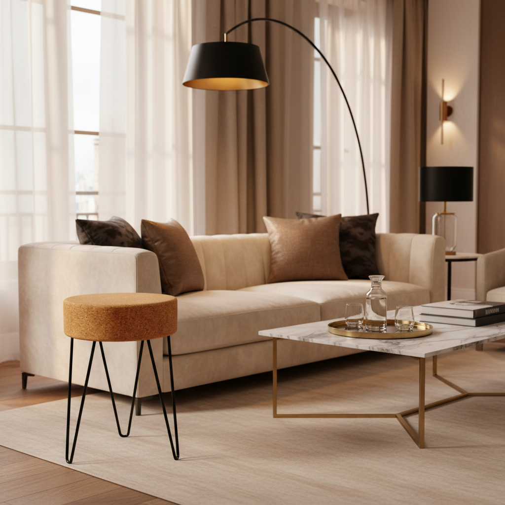 Kork-Zickzack-Tisch - Kork Hocker mit Metallbeinen