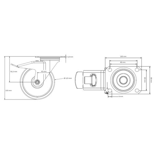 Zestaw kołowy skrętny, fi 125 mm, środek: PA szary, gumowy bieżnik