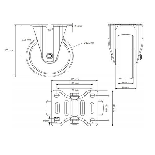 Koło stałe o średnicy 125mm  - PA, z łożyskiem wałeczkowym, szara