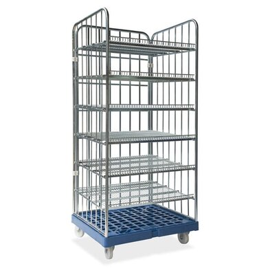 Wózek transportowy z 3 ścianami, wzmocniona plastikowa podłoga, 6 półek