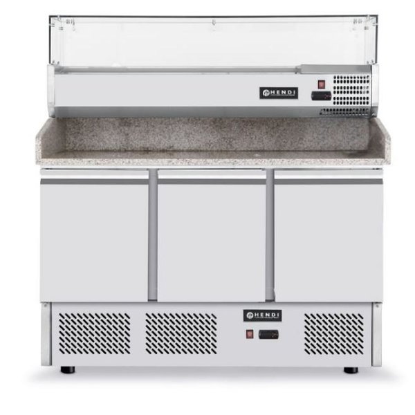 Hendi Hendi Pizzawerkbank met 3 deuren en opzetkoelvitrine | 380+40 Liter |  1405x700xH1285 mm.