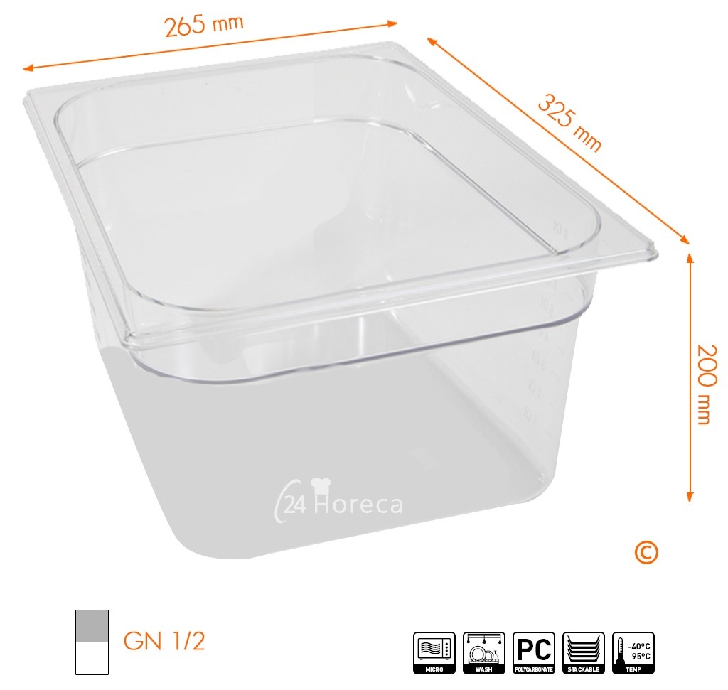 Hendi Gastronormbak 1/2 - 200mm diep | Polycarbonaat | 325x265mm, foto 2 van 2