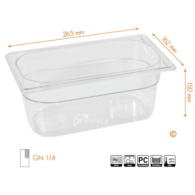 Hendi Gastronormbak 1/4 - 150mm diep | Polycarbonaat | 265x162mm, foto 2 van 2