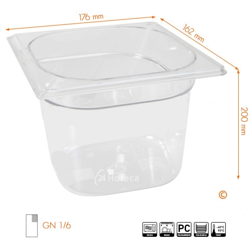 Hendi Gastronormbak 1/6 - 200mm diep | Polycarbonaat | 176x162mm., foto 2 van 2