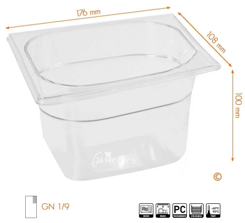 Hendi Gastronormbak 1/9 - 100mm diep | Polycarbonaat | 176x162mm., foto 2 van 2