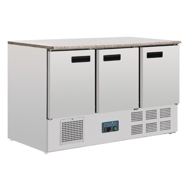 Polar Polar Koelwerkbank met 3 deuren en marmeren blad 368 Liter | +2°C tot +5°C | 137x70xH88cm.