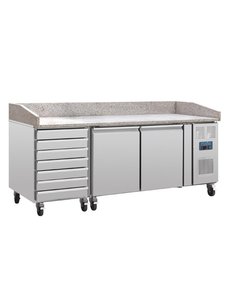 Polar Pizza koelwerkbank met 2 deuren en granieten blad 428 Liter  |  +2°C tot +8°C | 100Hx202.5x80cm.